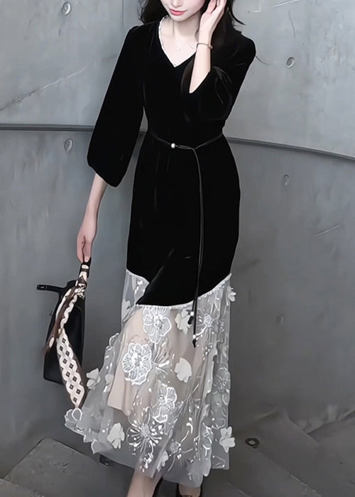 Handmade Black V Neck Tulle Patchwork Silk Velvet Long Dress Bracelet Sleeve