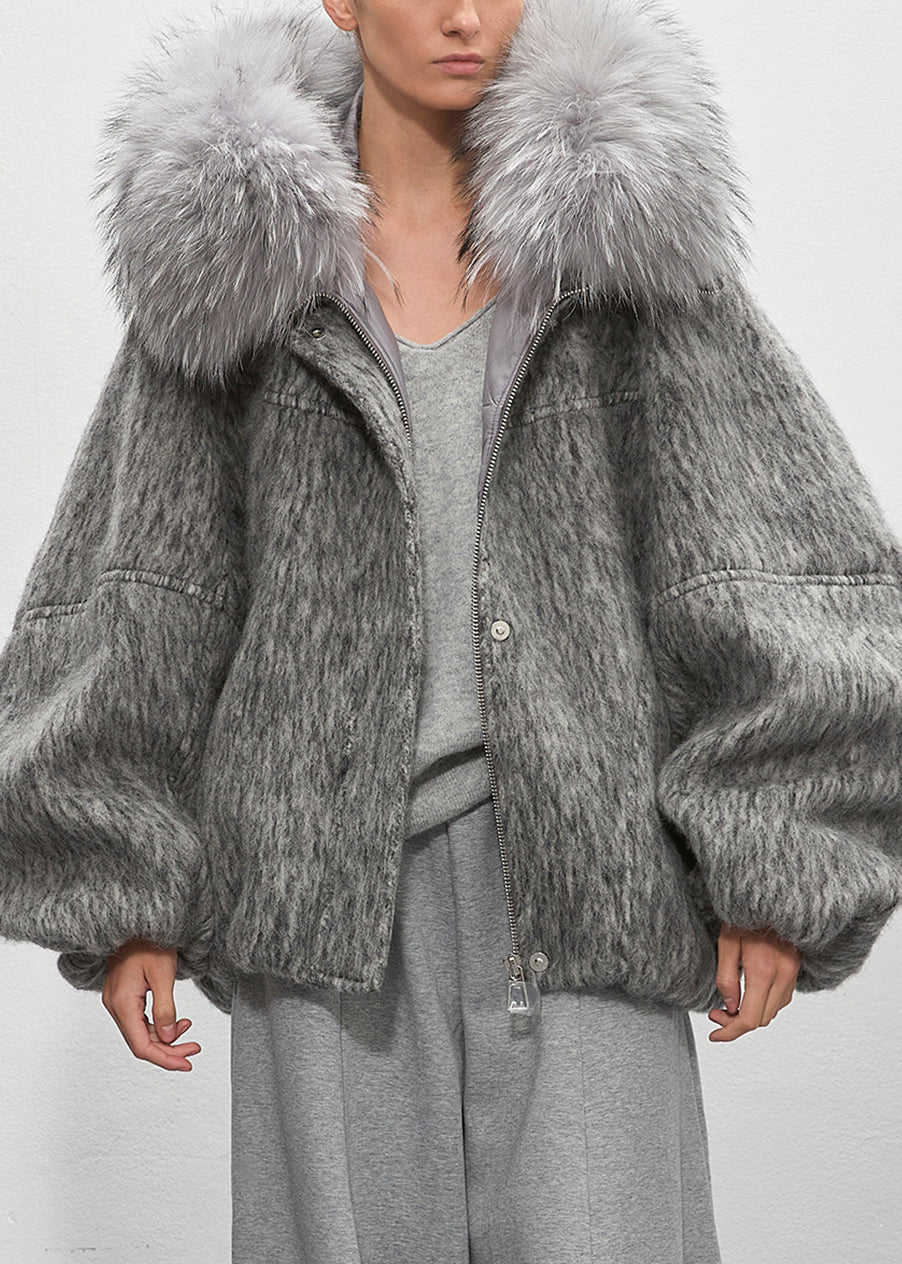 Grey Fur Collar Zippered Duck Down Puffer Coat Winter