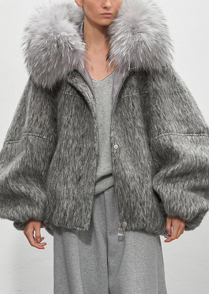 Grey Fur Collar Zippered Duck Down Puffer Coat Winter