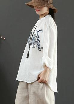 Art White Embroidery Tops Stand Collar Daily Spring Top