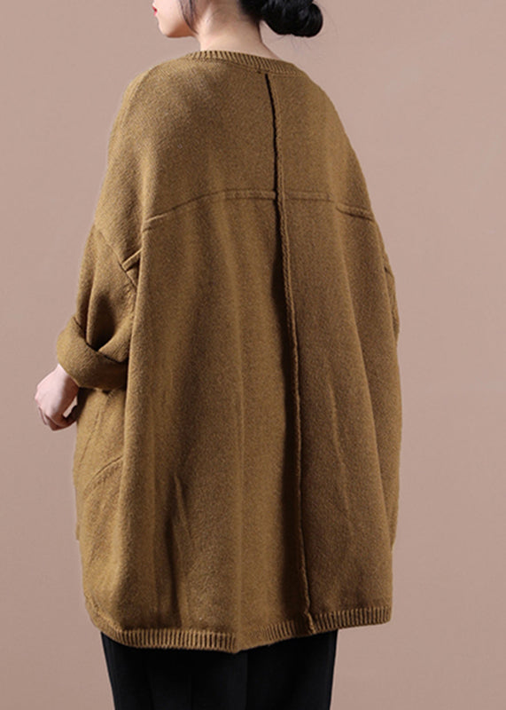 Modern Yellow O-neck Asymmetrical Button Thick Cotton Knit Sweaters Fall