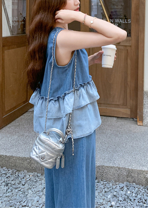 Gradient Color Ruffles Patchwork Denim Two Pieces Set Summer