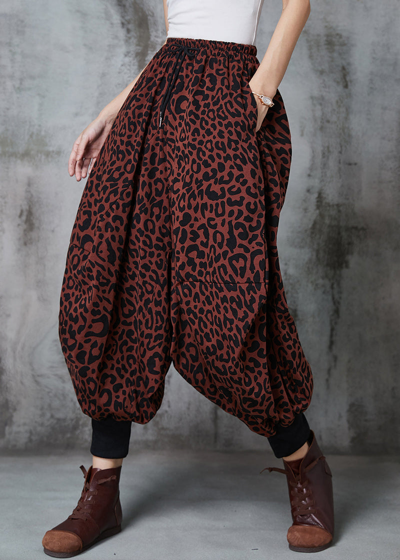 Brick Red Oversized Leopard Print Warm Fleece Lantern Pants Spring