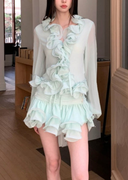 Slim Fit Light Green V Neck Ruffled Chiffon Shirt and Skirts Two Pieces Set Fall