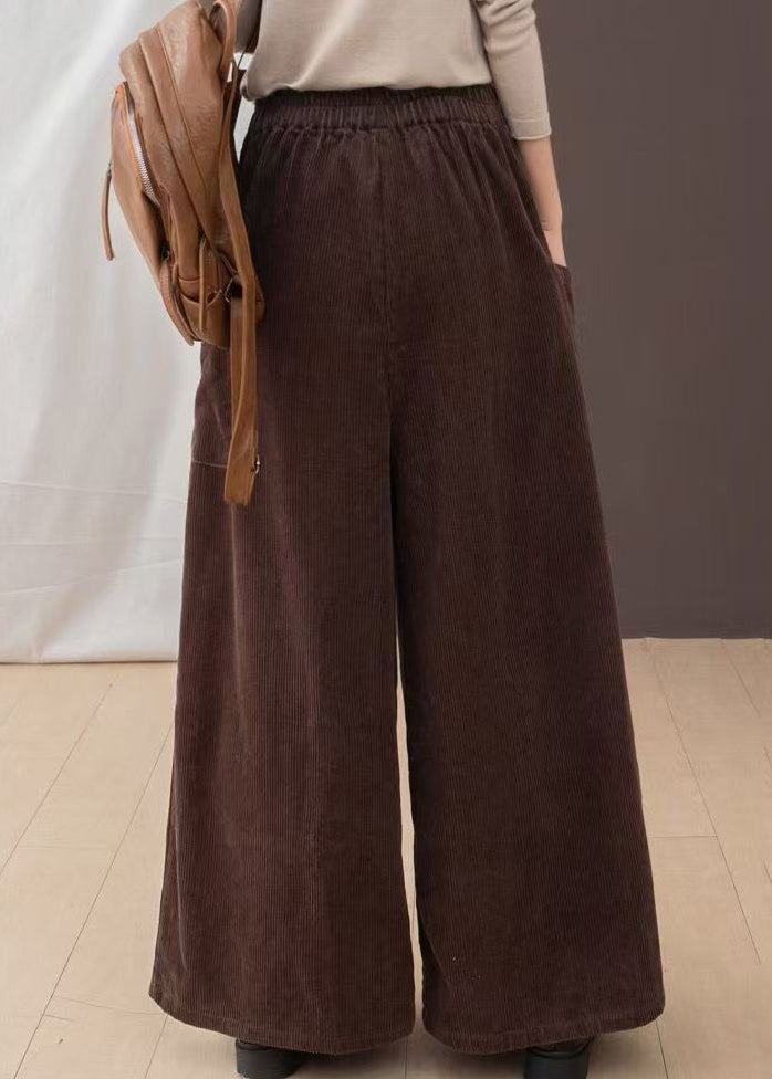 New Brown Pockets Corduroy Warm Fleece Wide Leg Pants Winter
