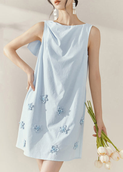 French Blue Asymmetrical Wrinkled Nail Bead Mid Dresses Sleeveless
