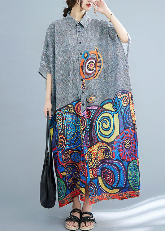 Peter Pan Collar Button Print Holiday Dress Batwing Sleeve