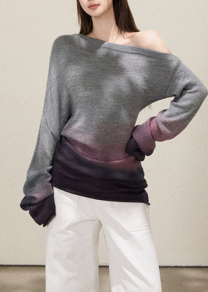 Grey Cold Shoulder Tie Dye Knitted Tops Fall