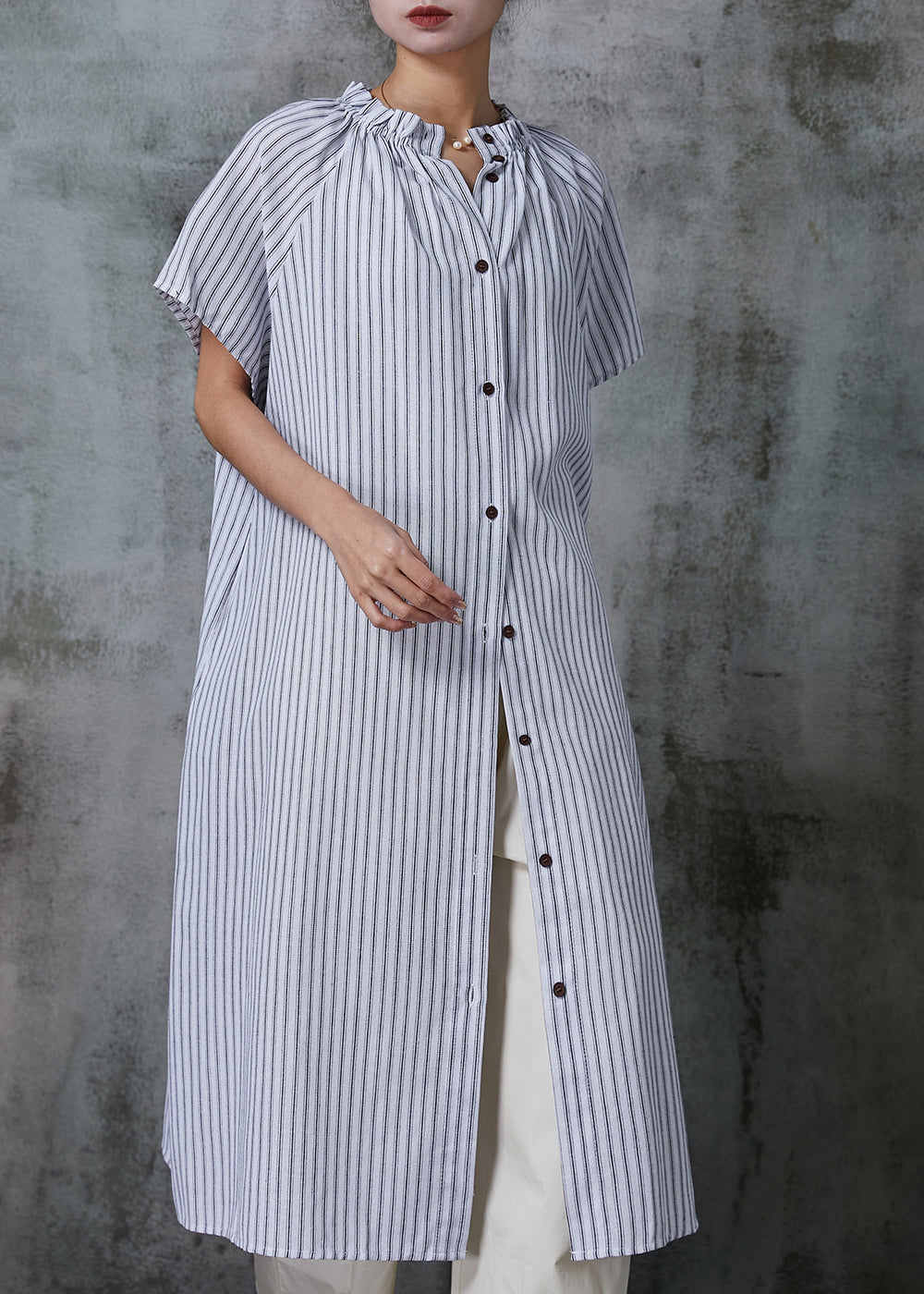 White Oversized Striped Cotton Shirt Dresses Summer