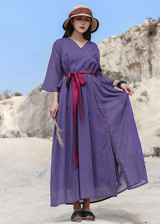 Loose Purple Cinched Button Cotton Dresses Three Quarter Sleeve