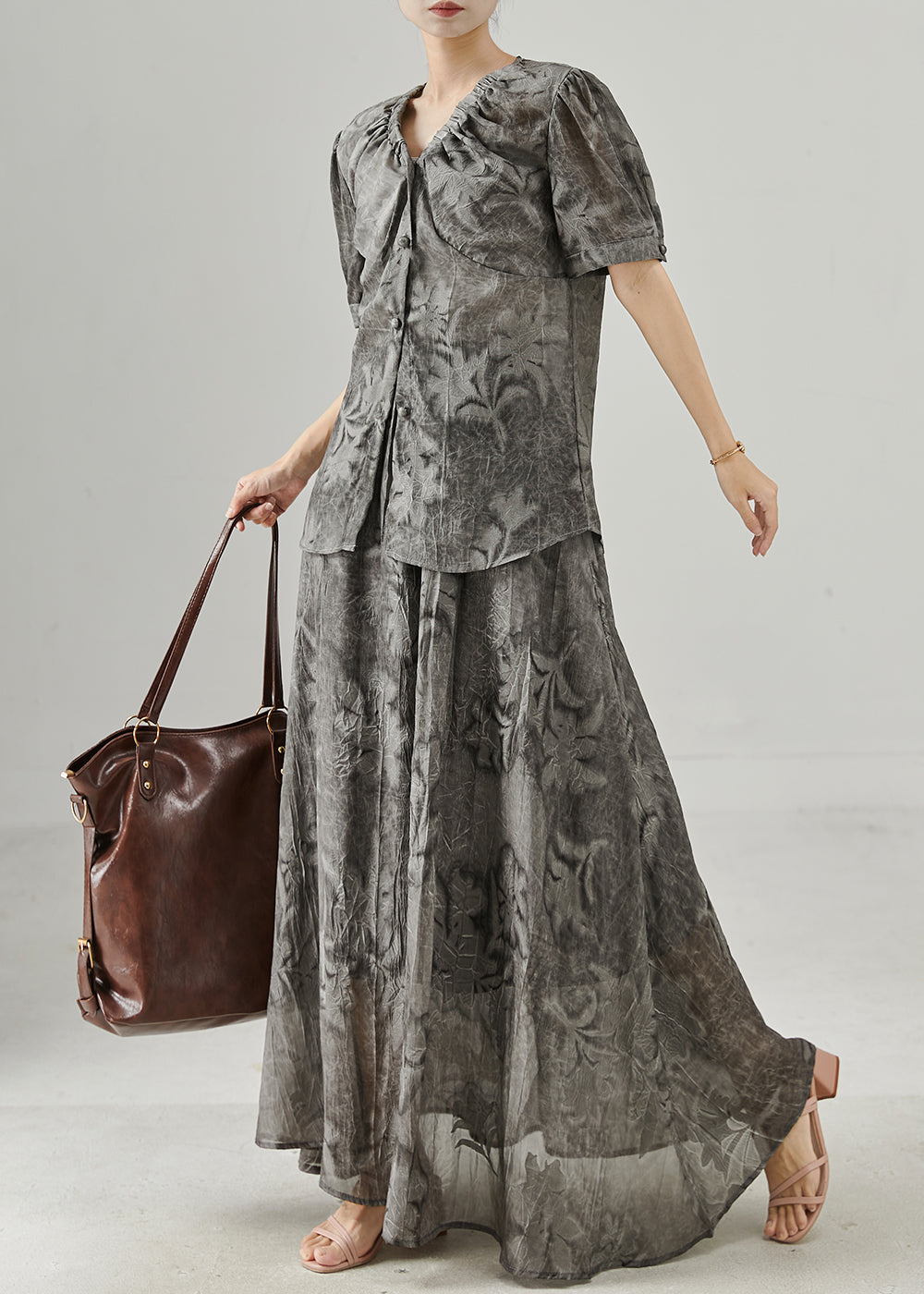 Grey Print Wrinkled Chiffon Two Pieces Set Summer