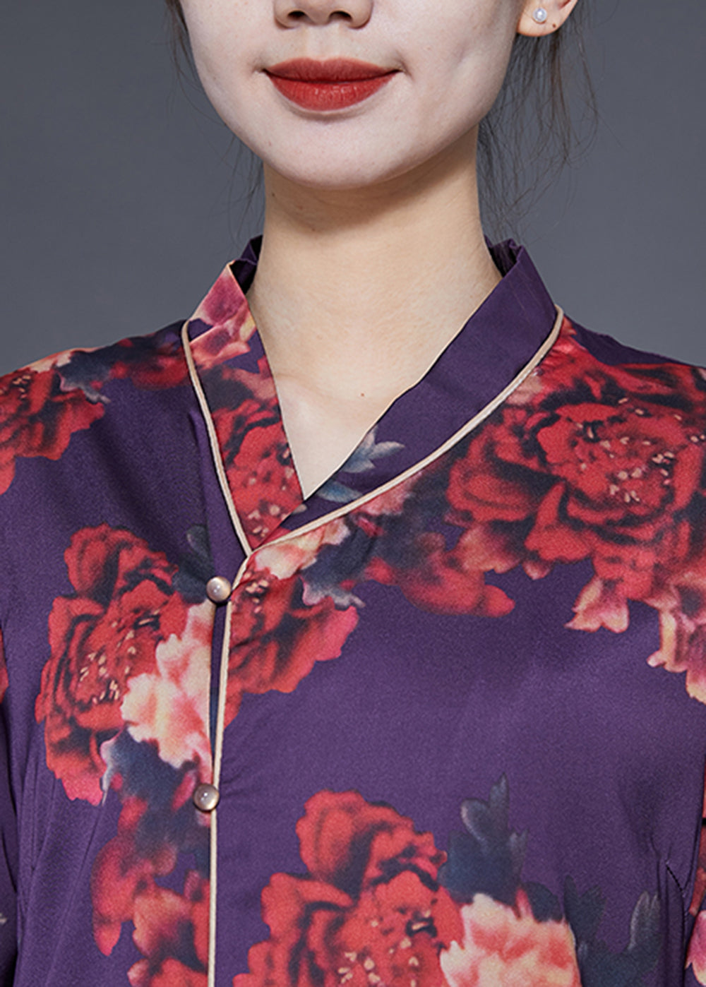 Purple Print Lace Up Side Open Silk Long Dress Bracelet Sleeve