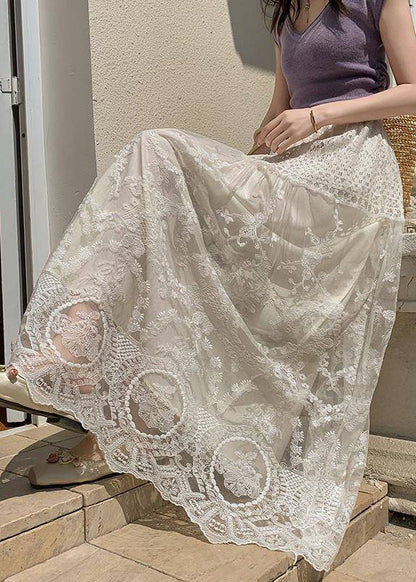 Simple Apricot Hollow Out Lace Elastic Waist Tulle Skirts Summer
