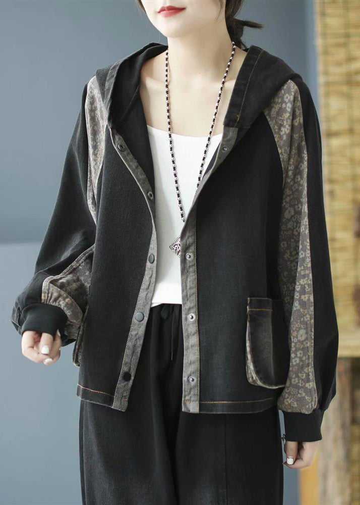 Black Print Button Hooded Denim Coat Long Sleeve Spring