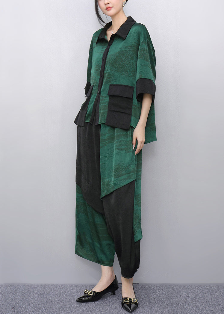 Green Peter Pan Collar Top and Wide Leg Pants Two Pieces Set Summer