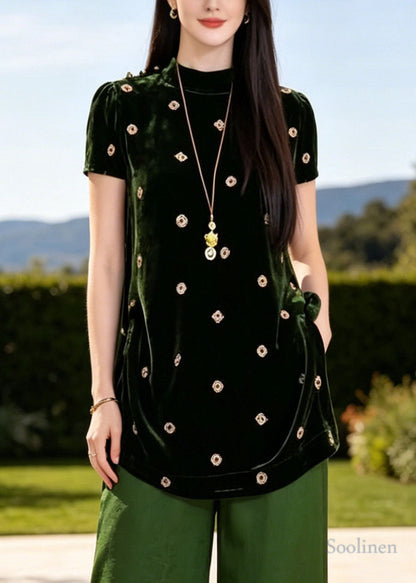 Classy Green Stand Collar Print Silk Two Piece Set Clothing Summer