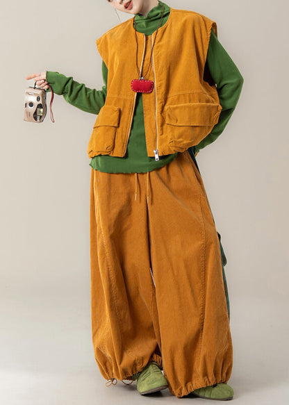 Yellow Zip Up Pockets Corduroy Sets 3 Pieces Winter
