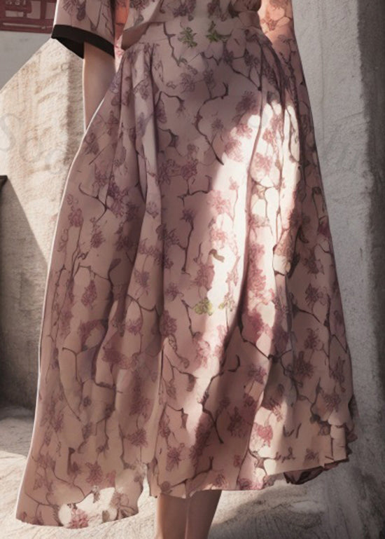 Pink V Neck Print Wrinkled Silk Dress Summer