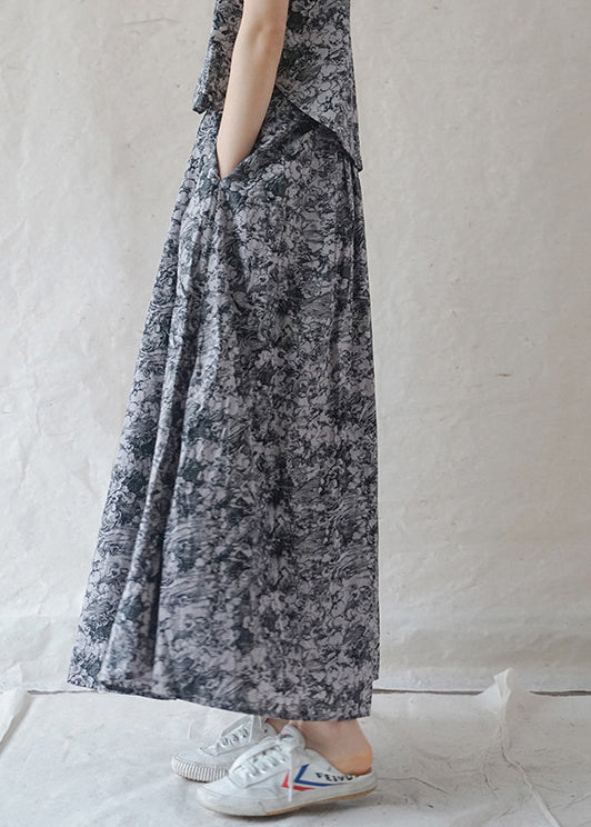 Grey Elastic Waist Drawstring Print Cotton Skirts Spring