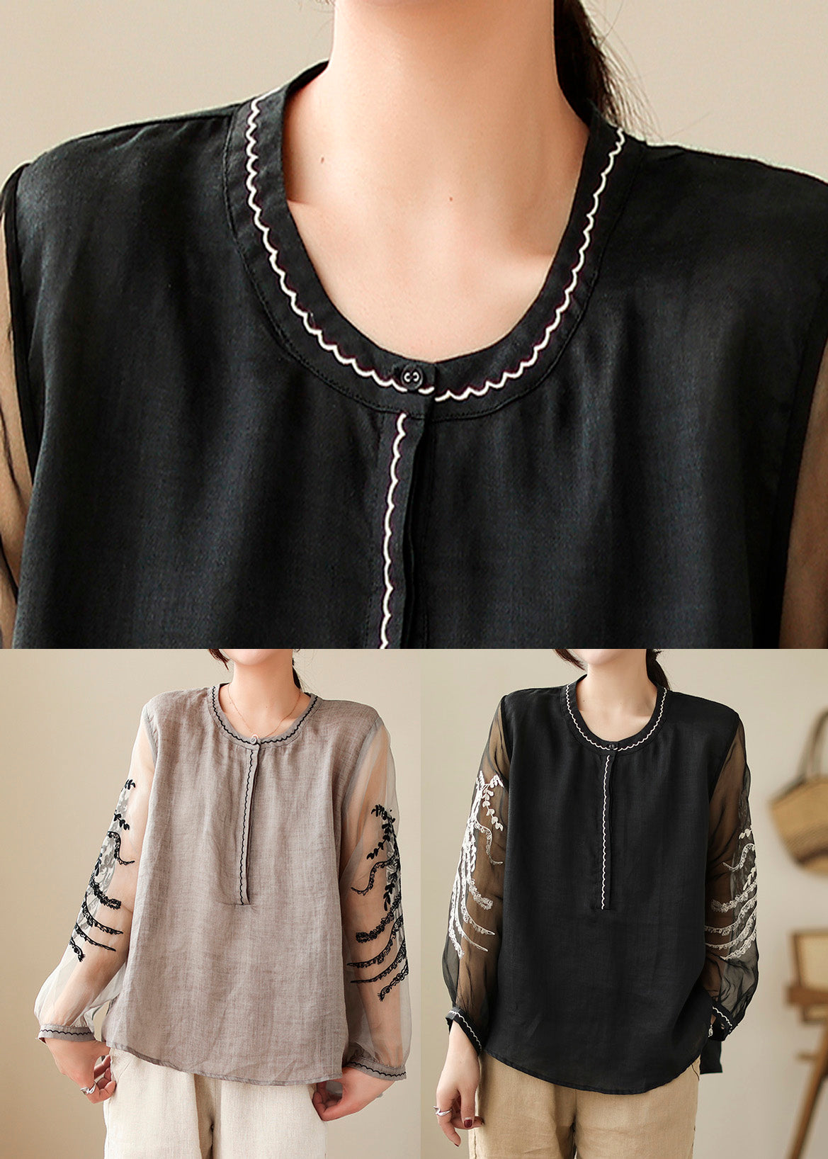 Simple Grey O-neck Embroideried Linen Top Spring