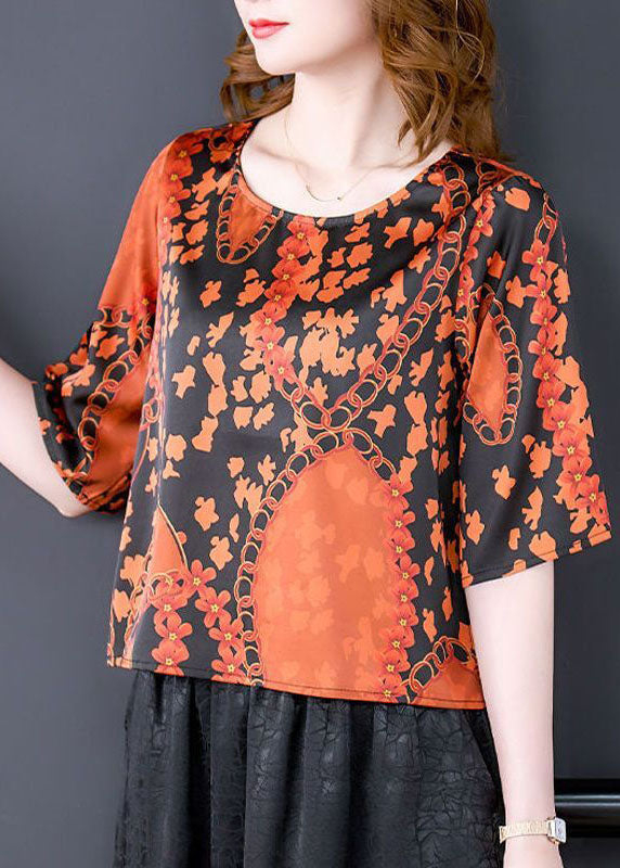 Orange O-neck Print Silk Shirt Top Short Sleeve