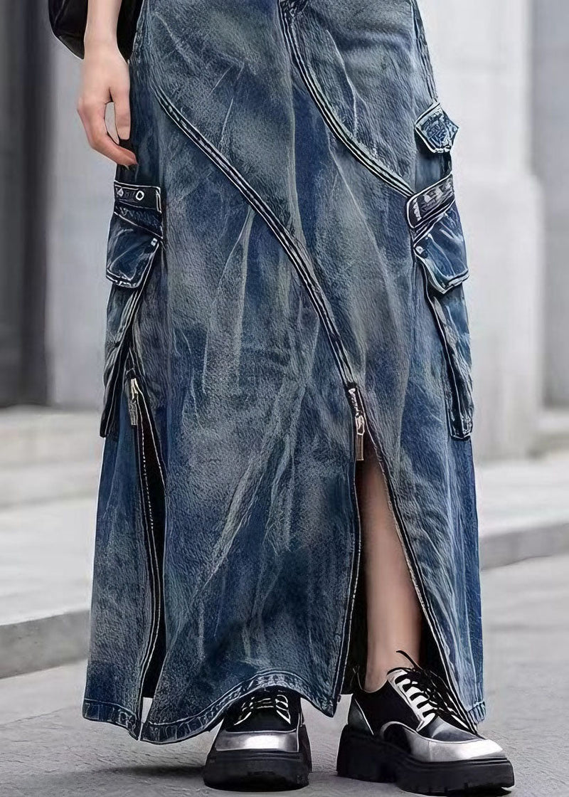 Blue Zip Up Pockets Tie Dye Denim Skirts Spring