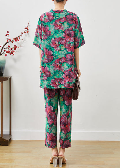 Green Print Linen Two Pieces Set Chinese Button Summer
