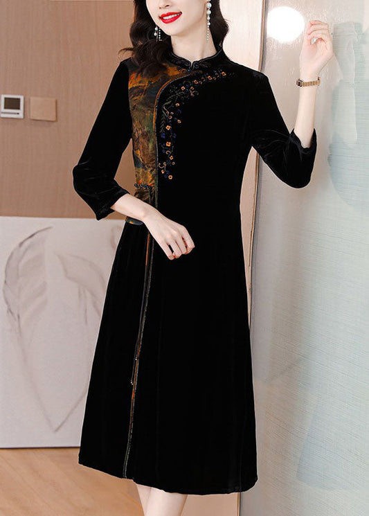 Black Print Embroideried Tassel Silk Velour Maxi Dresses Fall