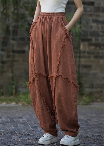 Brick Red Pockets High Waist Linen Pants Summer