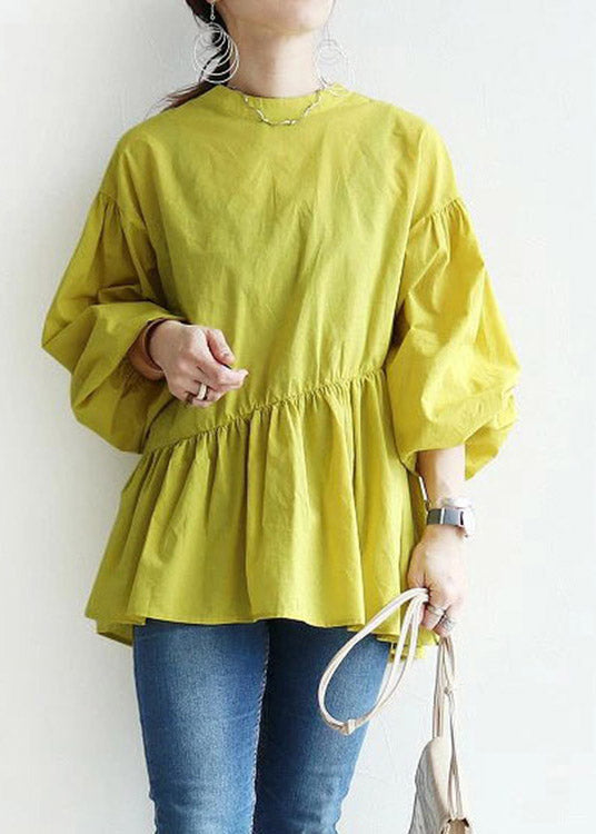 Yellow O-neck Patchwork Shirts Lantern Sleeve