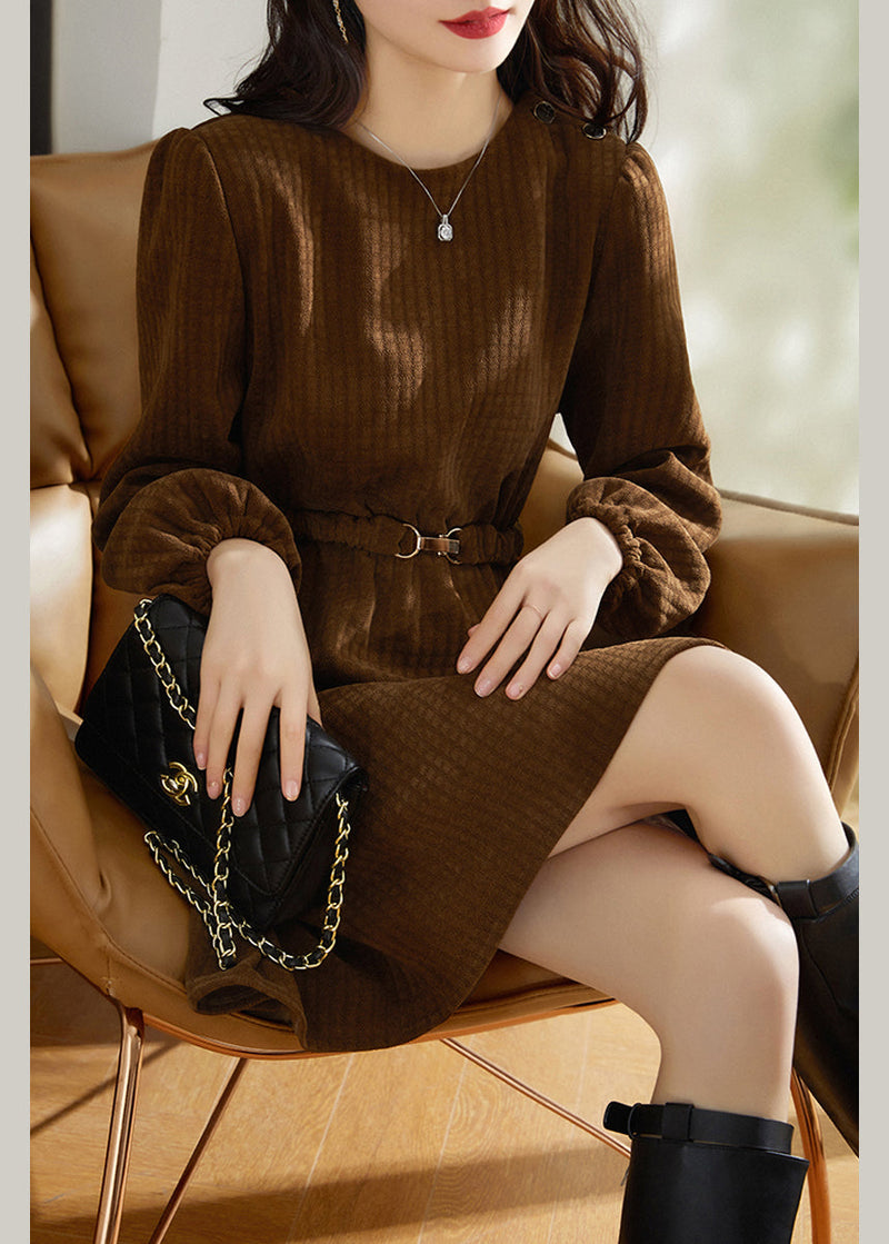 Brown Thick Cotton Tunic Dress Spring