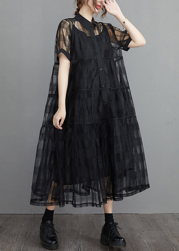 French Black Button Tulle Two Piece Set Short Sleeve