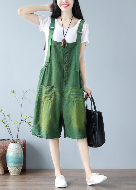 Green Oversized Cotton Ripped Jumpsuits Shorts Summer