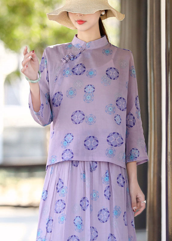 Purple Mandarin Collar Print Linen Two Pieces Set Summer