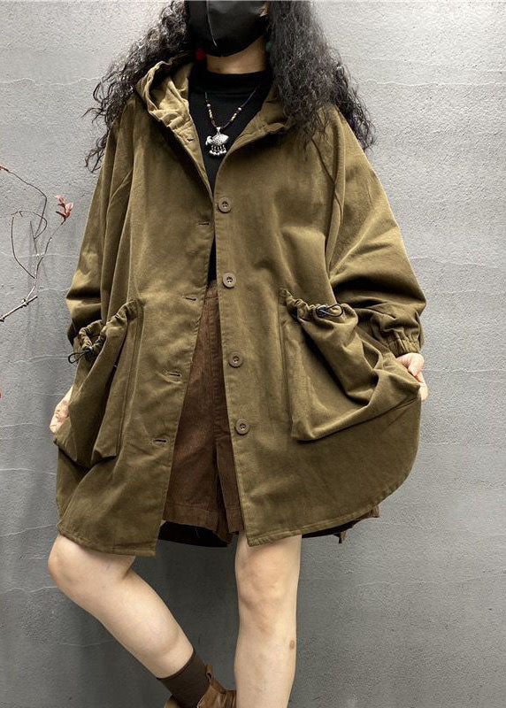 Khaki Hooded Drawstring Big Pockets Cotton Coats Spring