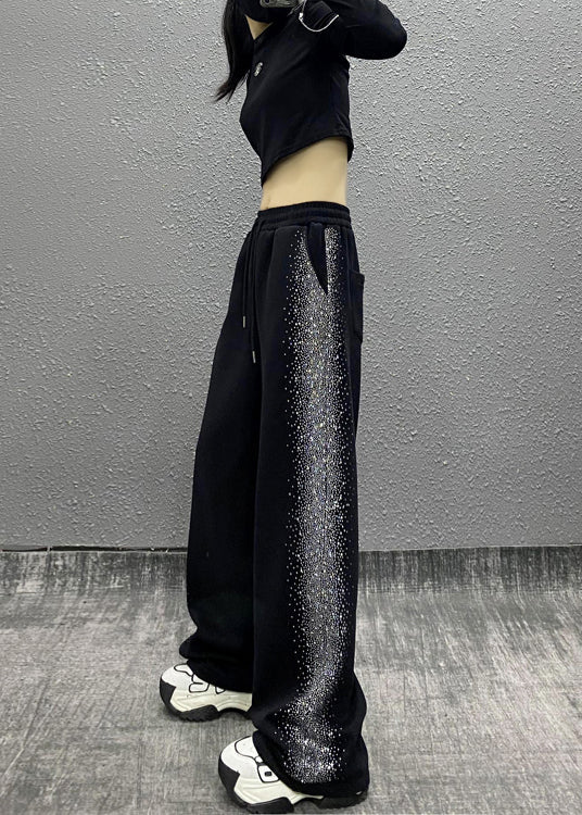 Black Pockets Zircon Elastic Waist Cotton Pants Fall