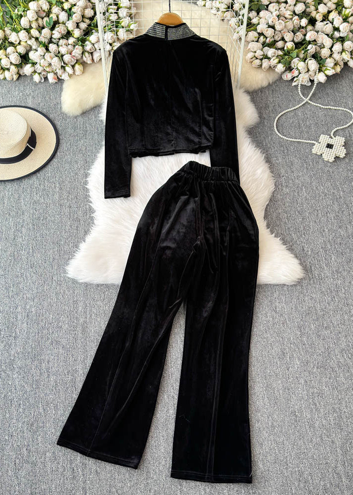 Boutique Black Patchwork Zircon Cardigans and Wide Leg Pants Two Pieces Set Spring