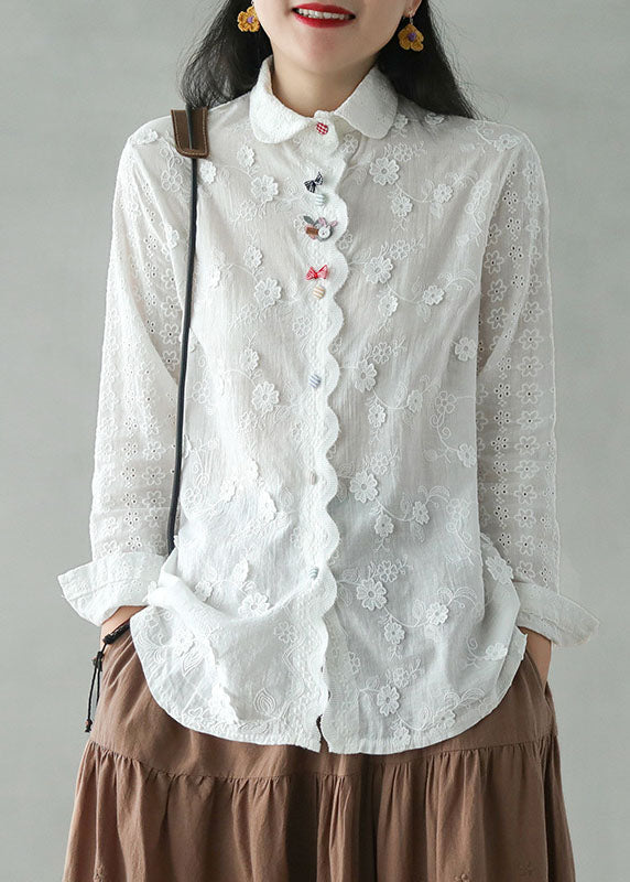 Diy White Embroideried Three-dimensional Cotton Shirt Top Long Sleeve