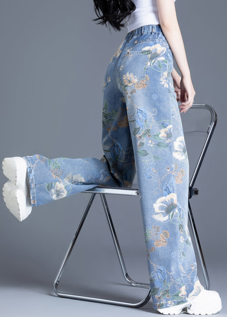 Blue Oversized Print Denim Straight Pants Spring