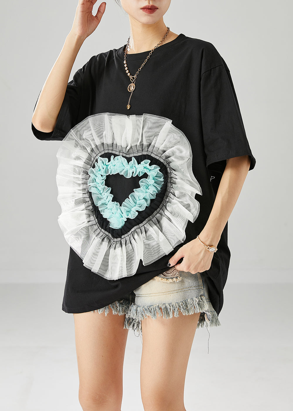 Black Oversized Patchwork Love Appliqued Cotton Tank Tops Summer