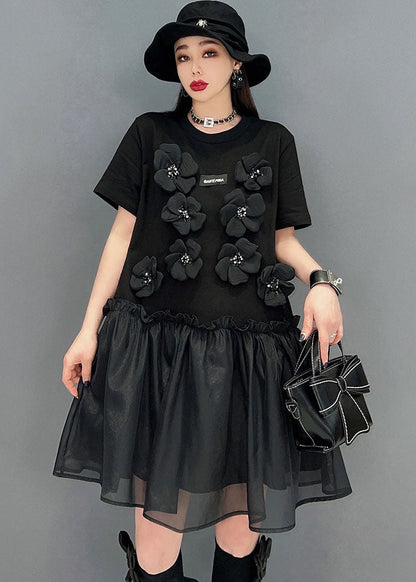 Italian Black Ruffled Tulle Patchwork Cotton Mid Dress Short Sleeve