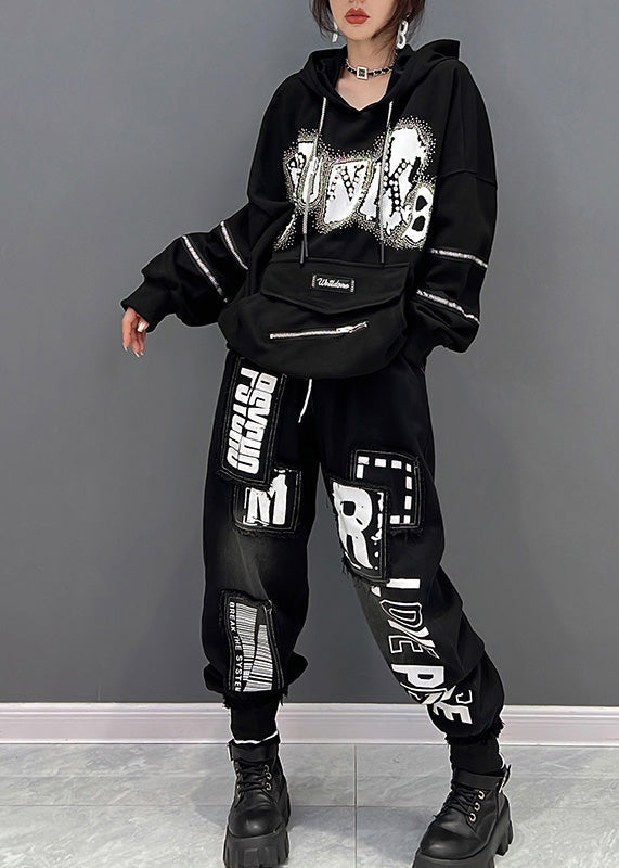 Organic Black Alphabet Print Drawstring Hooded Top and Pants Two Pieces Set Spring