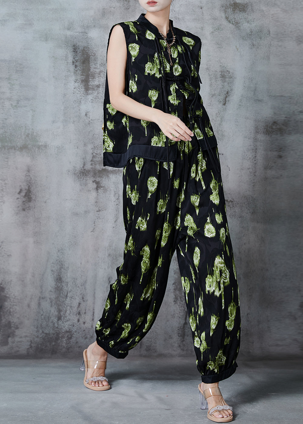 Green Patchwork Silk Sets 2 Pieces Tasseled Chinese Button Summer