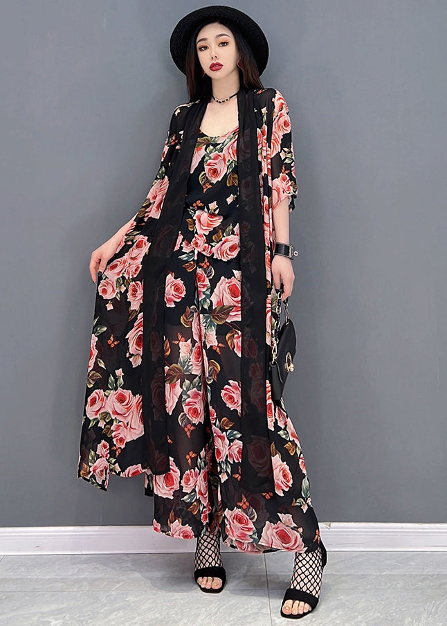 Black Print Draping Chiffon Sets 3 Pieces Summer