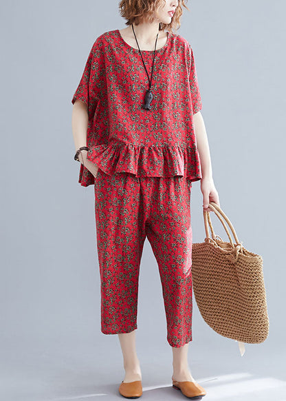 Handmade Red O-neck Patchwork Ruffled Cotton Two Pieces Set Short Sleeve