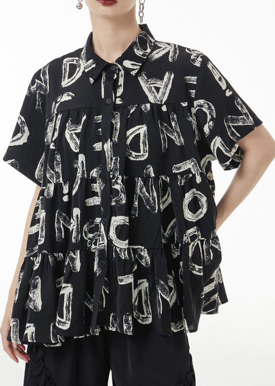 Black Print Wrinkled Patchwork Silk Shirt Short Sleeve