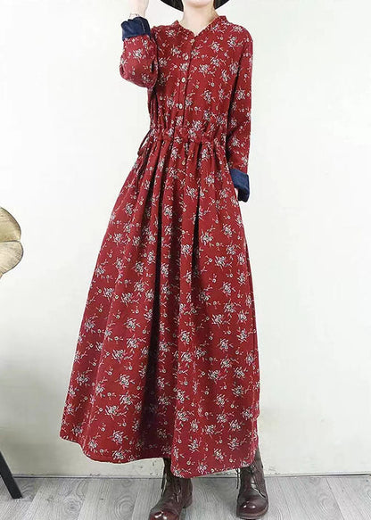 Red O-neck Cinched Print Warm Fleece Long Dresses Long Sleeve