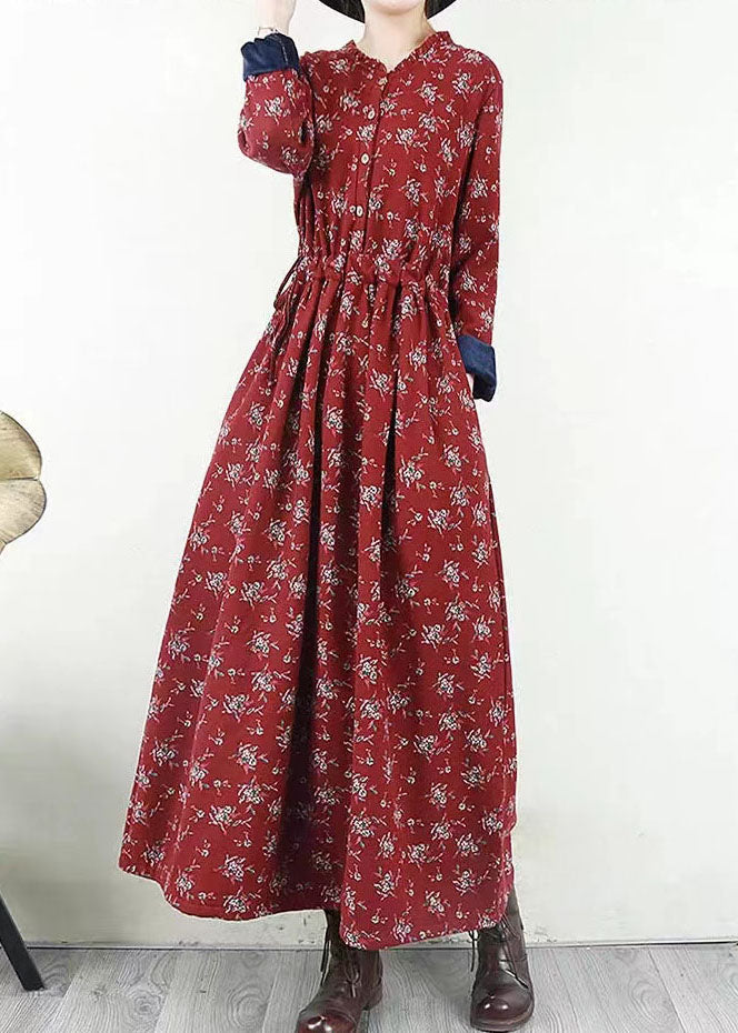 Red O-neck Cinched Print Warm Fleece Long Dresses Long Sleeve