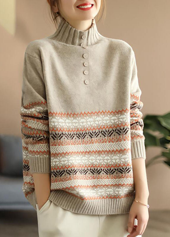 Khaki Hign Neck Print Knit Sweater Spring
