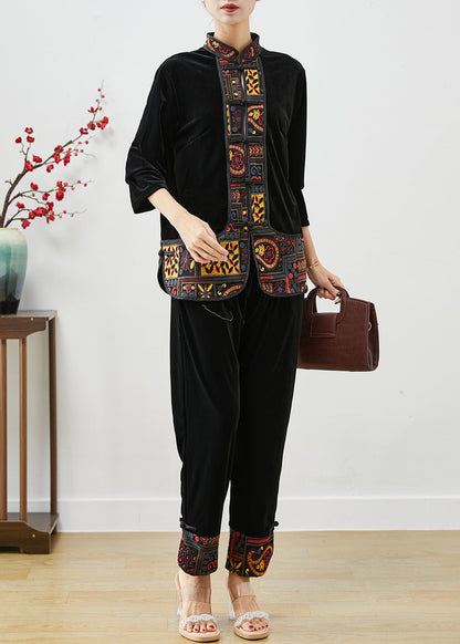 Black Embroideried Patchwork Silk Velour Two Piece Set Clothing Fall